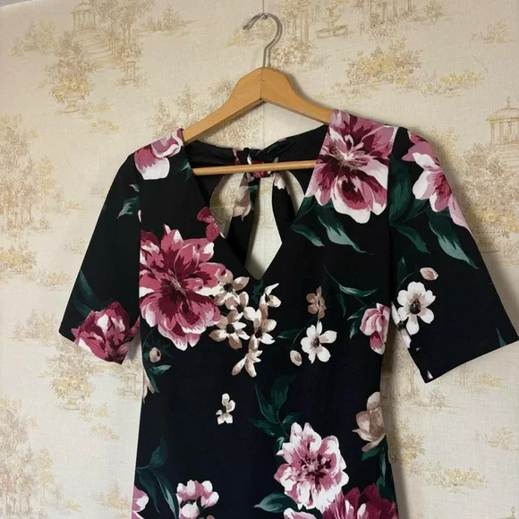 Y2k Premier Amour black rose floral semiformal cutout sheath midi cocktail dress - Picture 3 of 8